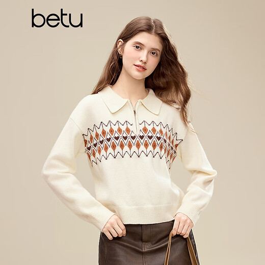 Betu women's 2025 winter new sweater half-zip Fair Isle jacquard design long-sleeved top for women 2510X12 light apricot M