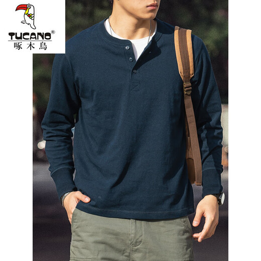 Woodpecker American Retro Henley Long Sleeve T-Shirt Men's 2025 Autumn 250g Pure Cotton Side Seamless Henley Collar Bottoming Shirt Denim Blue 250g Pure Cotton M Reference 125-140Jin Jin is equal to 0.5 kg