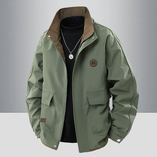 Men's coat spring and autumn new trendy brand stand collar jacket clothes men's zipper trendy casual outer wear autumn top black regular original high quality 3XL recommended 160-180Jin Jin equals 0.5 kg