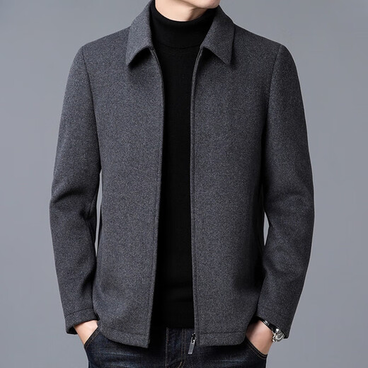 ROMON Wool Woolen Coat Jacket Men's Short Autumn and Winter Clothing Thickened Lapel Middle-aged Men's Woolen Jacket Gray XL 180/145-165Jin Jin equals 0.5 kg