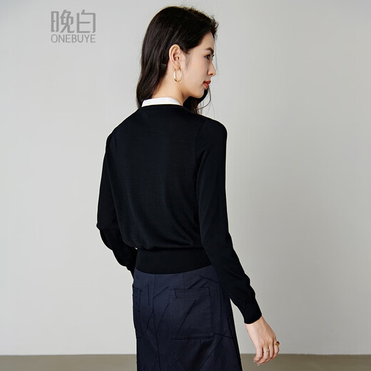 Late White New Product 2025 Autumn Style Elegant Stretch Sweater Age-Reducing Lace-up Fake Two-piece Knitted Sweater Women Black L