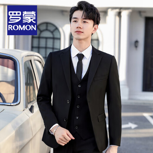 ROMON high-end customized suit suit men's slim coat groom wedding dress business formal casual small suit for men black two-button suit + pants + shirt + vest + gifts 2XL