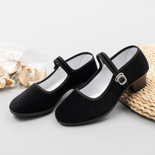Ethnic dance shoes Tibetan dance yangko Jiaozhou folk high-heeled dance shoes grade examination shoes black new old Beijing cloth shoes for women solid heel-soft sole black-high heel 3.5cm 37