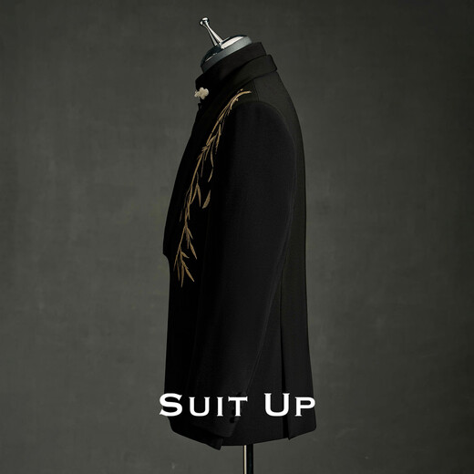 Xiuta Jin Cuizhu Chinese embroidery groom engagement dress suit Chinese style new men's wedding suit formal winter black green fruit collar complete set with gift box L 50 high quality