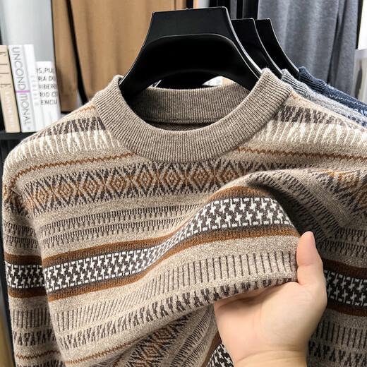 100% Wool Autumn and Winter New Men's Thickened Long Jacquard Casual Sweater Sleeve Cardigan 3773 Flower Camel 4XL