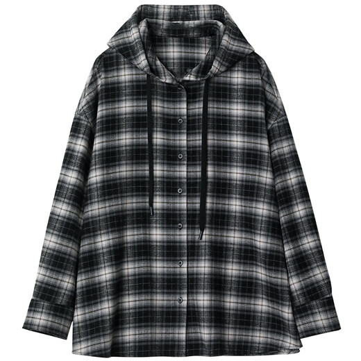 CHIC VEN 2025 Autumn and Winter Cotton Brushed Feel Versatile Hooded Plaid Shirt Lazy Feeling Long Sleeve Shirt Women chicven navy plaid S (43-58kg)