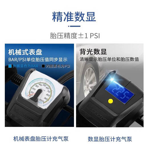 Tucon Car Spezialluftpumpe für Automobile für die Luftpumpe tragbare Fahrradwagen -Reifenluftpumpe Doppelstangen -Trittluftpumpe [Michelin 12209 LCD Digital Reifendruck]