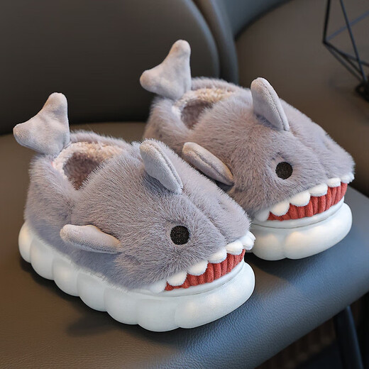 Children's cotton slippers autumn and winter waterproof home indoor non-slip boys cute shark pattern baby kids cotton slippers dark blue 12 36/37 size inner length 22.5CM