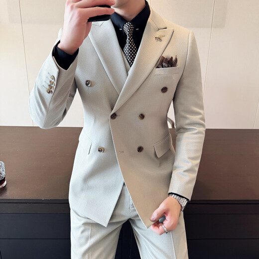 Jason's diagonal striped double-breasted suit for men, business casual formal fit, Korean style groom's wedding suit, three-piece suit, milky white (single suit) 2XL