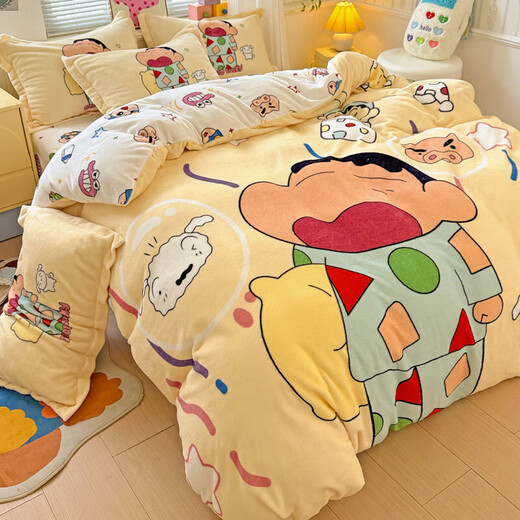 Crayon Shin-chan cartoon cute milk velvet four-piece winter thickened quilt cover sheet student dormitory three-piece set Sleepy Shin-chan-velvet 1.8m fitted sheet style four-piece quilt cover 200*230cm