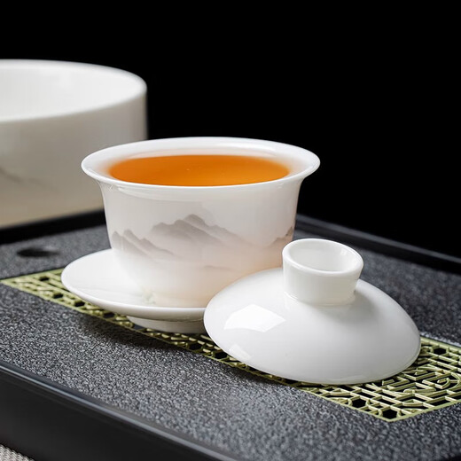 Suet-fat jade white porcelain Kung Fu tea set for home office light luxury high-end teapot covered bowl teacup gift set 15-head ink landscape Xishi teapot complete set