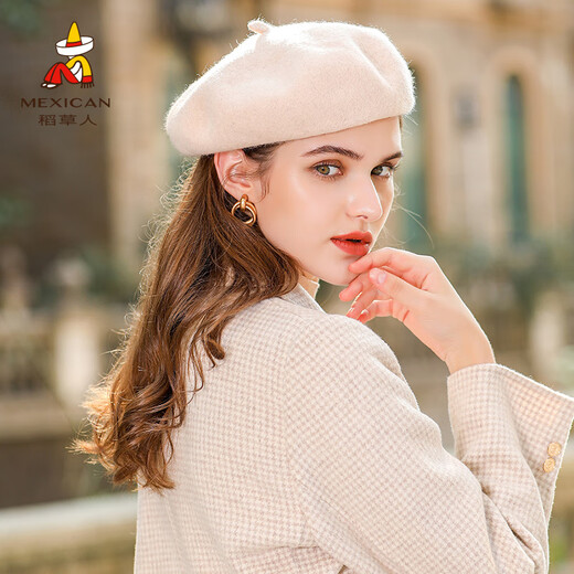 Scarecrow (MEXICAN) hat for women, autumn and winter British retro warm beret, fashionable and stylish octagonal hat, versatile and trendy, white_milk white, one size fits all