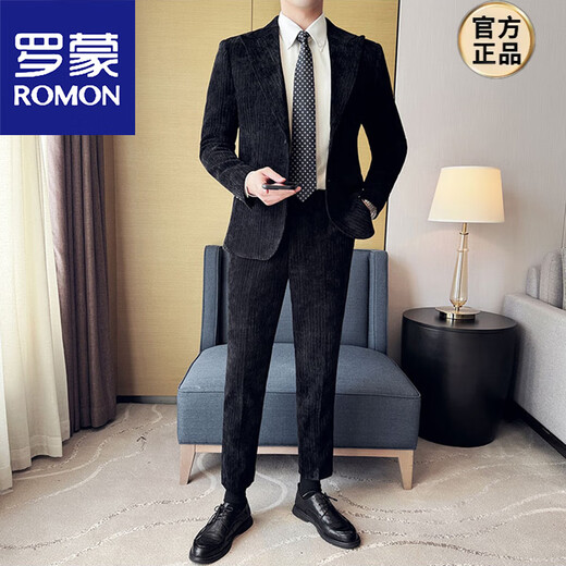 ROMON high-end corduroy suit men's Korean version slim casual 2025 autumn and winter thickened handsome suit jacket trendy dark green suit + pants M