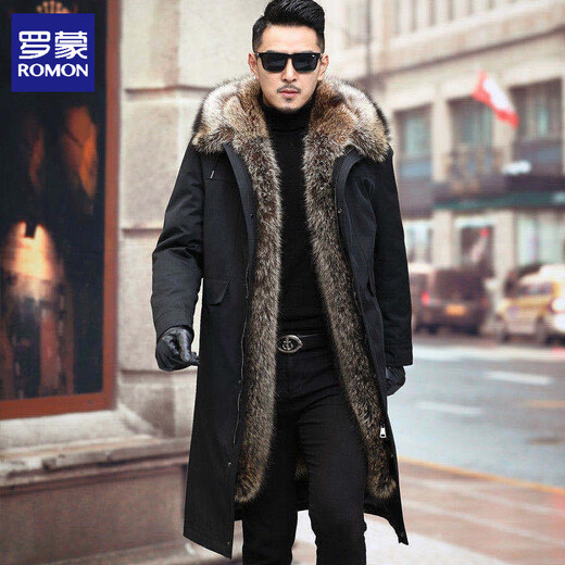 Romon mink fur coat for men winter mink fur all-in-one coat mid-length removable liner thickened fur coat black shell + mink fur liner (mid-length) 4XL 166-185Jin Jin equals 0.5 kg