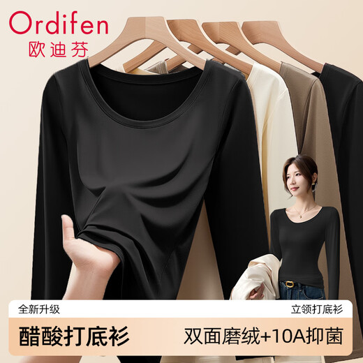 Oudifen 10A antibacterial bottoming shirt for women, which can be worn outside, stylish round neck autumn and winter T-shirt for women, long-sleeved, slim and elastic XL