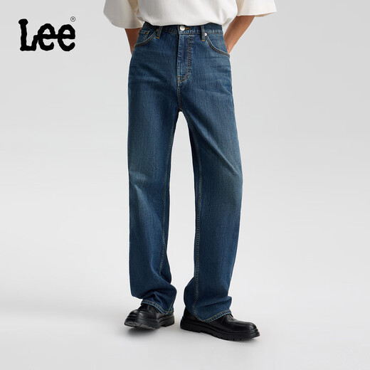 Lee25 new autumn and winter loose brushed dark blue men's wide-leg jeans, warm and trendy, dark blue 33