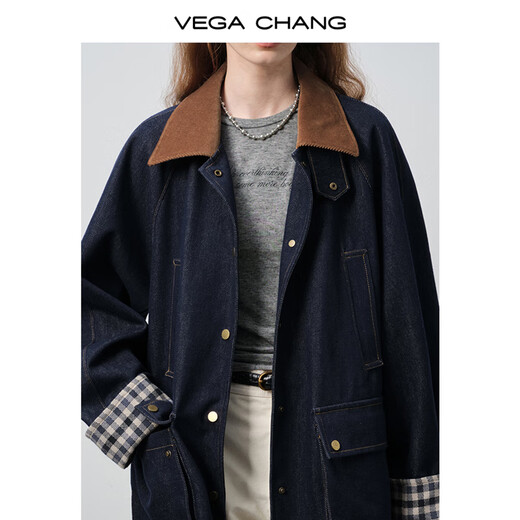 Вега Chang Denim Jacket для женщин 2025 Осень Новый контраст дизайн оценочного оклального дизайна.