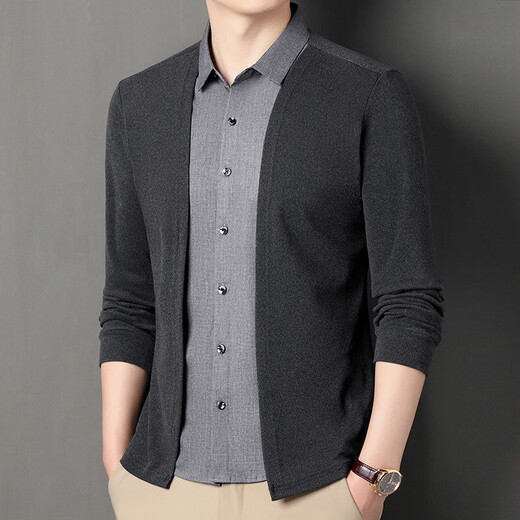 XJSGS international luxury high-end brand men's sweater spring and autumn new fake two-piece casual business sweater bottoming shirt high-end black ready stock XL recommended weight 135-150Jin Jin equals 0.5 kg