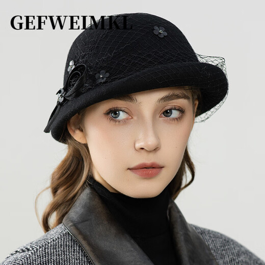 GEFWEIMKL Merino Wool Basin Hat Women's Autumn and Winter New French Style Wool Top Hat Women's Mesh Flower Lady Hat Black One Size (56-58cm)