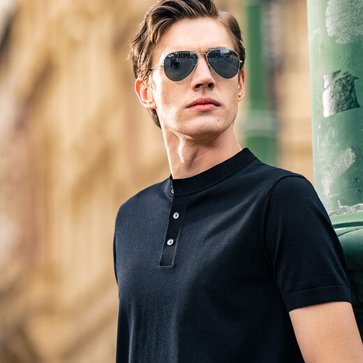 Mr. Bu star's same style machine washable wool T-wool short-sleeved sweater men's knitted bottoming shirt Henry collar piano black S (165)