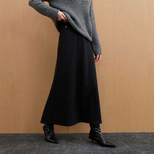 Sancai 2025 new winter style simple and elegant elastic waist skirt temperament commuting A-line skirt long skirt M