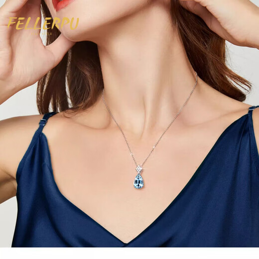 Feilepu Aquamarine Necklace for Women Platinum Water Drop Pendant Light Luxurious and High-Class Clavicle Chain Birthday Memorial Gift for Girlfriend Platinum Aquamarine Water Drop Necklace