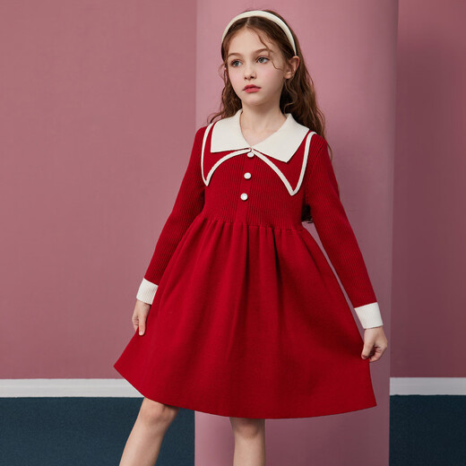 ASK JUNIOR Girls Skirt 2025 Winter Warm Double Lapel Contrast Color Knitted Princess Skirt New Year Red Dress