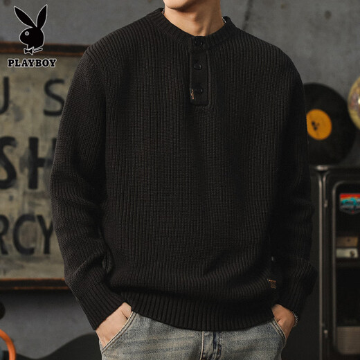 Playboy (PLAYBOY) American retro knitted sweater for men in autumn and winter thickened warm henley sweater lazy style vertical pullover bottoming shirt black S 90-110Jin Jin equals 0.5 kg