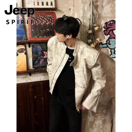 JEEP SPIRIT American short motorcycle leather jacket for men with high-end design, handsome and fashionable stand-up collar bomber jacket, gray, upgraded, high quality, versatile and fashionable, M 100-115Jin Jin is equal to 0.5kg. Collect and purchase for priority delivery.