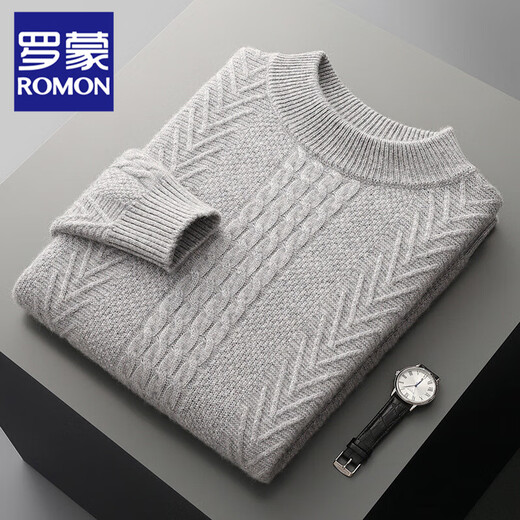 ROMON 100% pure wool sweater double-ply thickened men's round neck knitted sweater business casual pullover inner twisted pattern bottoming shirt white XL