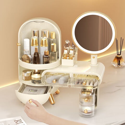 Vipero cosmetics storage box 2025 new style dressing table cosmetics storage desktop home dormitory with mirror mouth elegant white-combination style-light luxury
