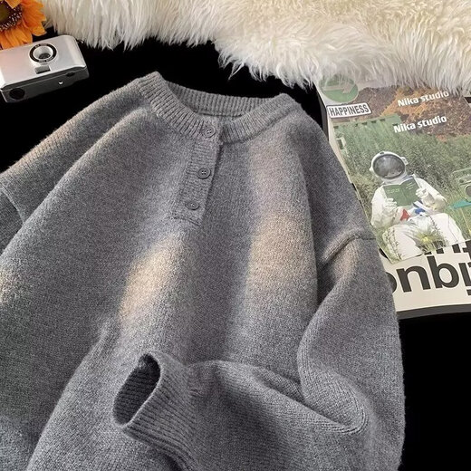 Autumn and winter American Henry collar sweater for men, American retro casual lazy style sweater for men, black 3XL