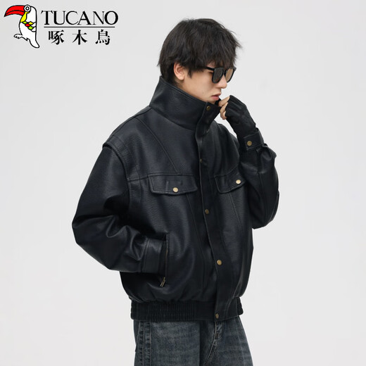 Woodpecker (TUCANO) retro motorcycle soft leather jacket men's American-style simulated leather handsome short autumn and spring high-end bomber jacket black 2XL suitable for 160-180Jin Jin equals 0.5 kg