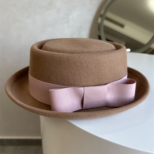 Woodpecker (TUCANO) fashionable camel curly top hat for women, autumn and winter French wool felt hat with bow, elegant flat-top woolen hat for ladies, burgundy light pink high-density fine cotton bow, high weight curly wool concave top hat, adjustable (56-58cm)