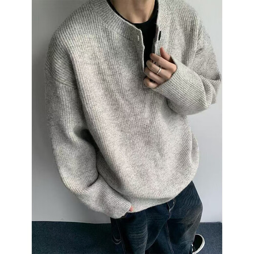 Phoenix Gray American Retro Henley Collar Sweater Men's Winter Lazy Style Knitted Sweater Cleanfit Jacket Men's Floral Gray XL