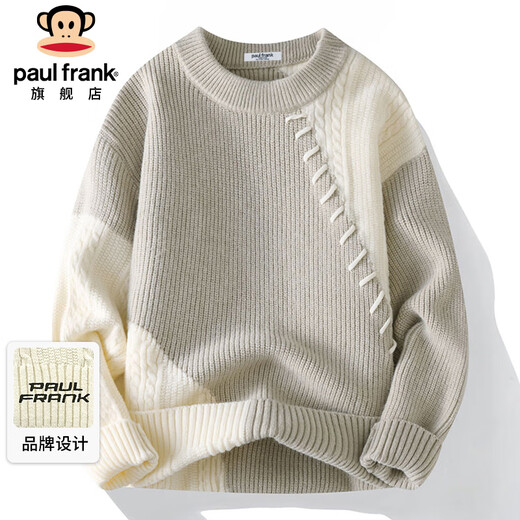 Big mouth monkey (paul frank) sweater men's autumn and winter casual sweater men's trendy brand base shirt warm sweater khaki XL