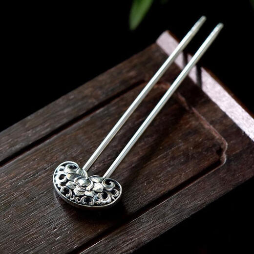 KZD Old Phoenix 999 sterling silver distressed hairpin Chinese retro style hollow peony hairpin pattern Hanfu tied hair headdress retro U-shaped peony.