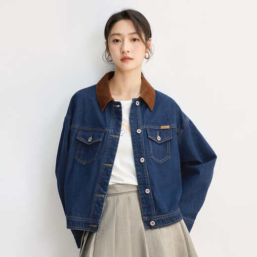 InMAN (INMAN) pure cotton contrast lapel denim jacket for women 2025 autumn fashion retro versatile loose jacket top dark denim blue XL
