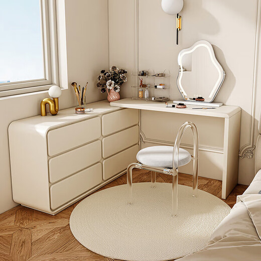 Sophia Cream Style Dressing Table Bedroom Dressing Table Cabinet One-piece Solid Wood Small Household Style Modern Simple Home Furnishings Stretch Dressing Table (White)-1.2m+Makeup Stool+Makeup Mirror