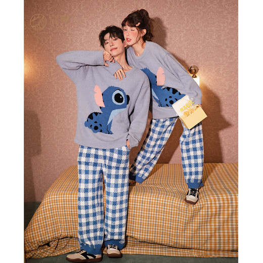 Gongdie thermal storage type Disney Stitch couple pajamas for women soft winter half velvet home clothes for men