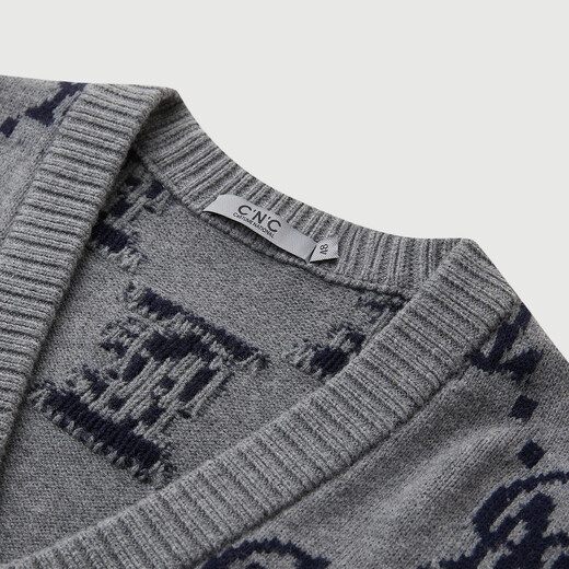 C N C light luxury men's sheep wool cardigan autumn and winter full bottom logo warm sweater jacket top gray pattern M /50/(175/92A)