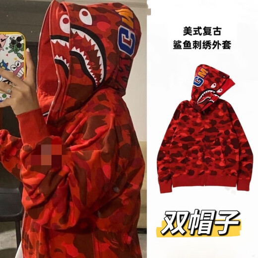 Chihuan Ape Man Shark Jacket Street Fashion Brand Embroidered Zipper Double Hood Clothes Camouflage Hip Hop Couple Cardigan Sweatshirt Men and Women White High Version Shark Double Hood Jacket M Embroidery Version Recommended 90-110 Jin Jin equals 0.5 kg High Quality