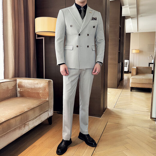 Jason's diagonal striped double-breasted suit for men, business casual formal fit, Korean style groom's wedding suit, three-piece suit, milky white (single suit) 2XL