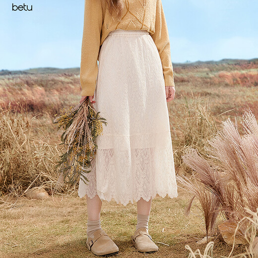 Betu Women's 2025 Autumn New Skirt Wave Playful Style Hollow Lace High-Quality Skirt Women 2509T79 Apricot M