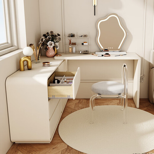 Sophia Cream Style Dressing Table Bedroom Dressing Table Cabinet One-piece Solid Wood Small Household Style Modern Simple Home Furnishings Stretch Dressing Table (White)-1.2m+Makeup Stool+Makeup Mirror