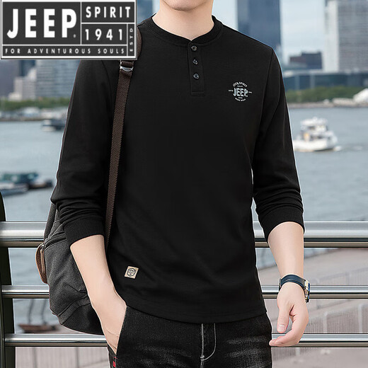 JEEP SPIRIT cotton long-sleeved T-shirt men's spring and autumn versatile casual loose large size T-shirt Henry collar sports sweatshirt trendy black XL (recommended 145-165Jin Jin equals 0.5 kg)