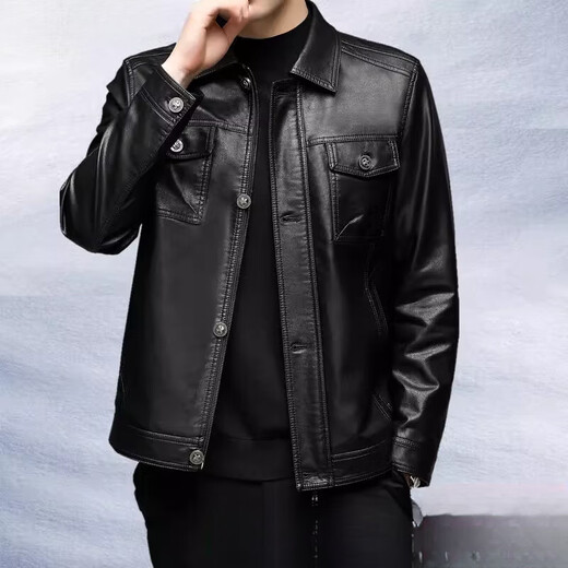 Playboy (PLAYBOY) Haining leather jacket for men with autumn and winter plus velvet warm jacket slim short leather breathable daddy installs motorcycle versatile jacket black thin L 175