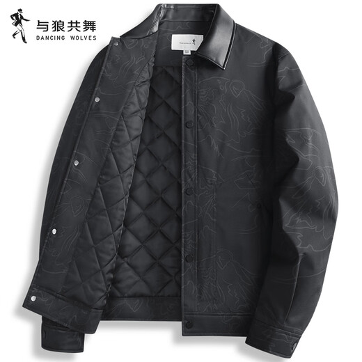 Dances with Wolves Barn Style Lapel Padded Jacket Men's 2025 Autumn and Winter New Casual Retro Print Warm Jacket 1017 Black 001 L (175)