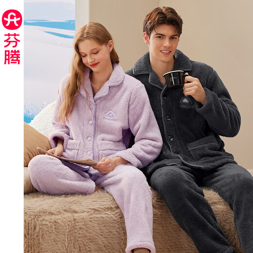 Fenten Couple Pajamas Coral Velvet Autumn and Winter New Plus Velvet Thickened Women's Suit Flannel Casual Warm Home Clothing for Men