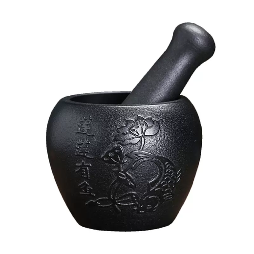 Yusenyi household black gold stone mortar garlic pounder pepper grinder garlic mortar stone pounder stone ladle mortar stone cup pound medicine jar Lianlian Youyu outer diameter 16CM water drop shape internal design 16ml